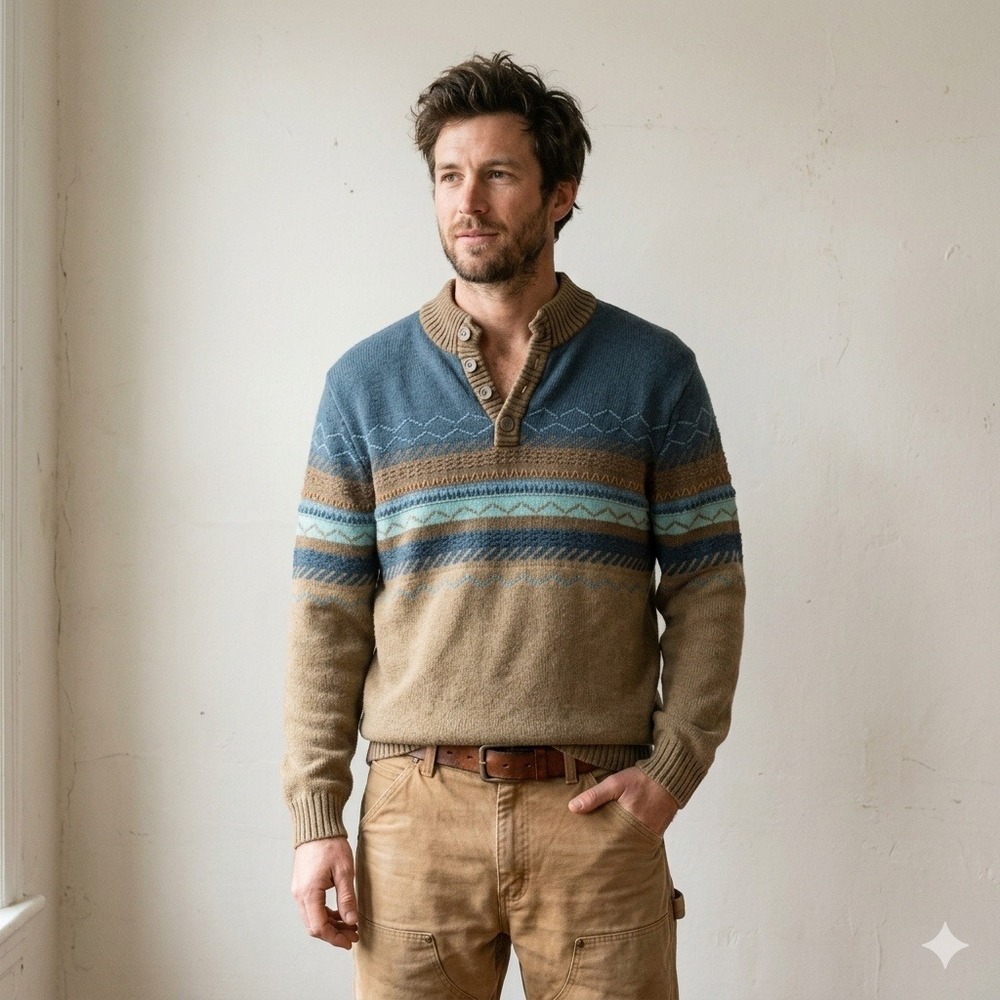 Vintage The Territory Ahead Sweater Mens Small Blue Tan Southwestern Cotton Mock